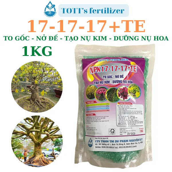 NPK 17-17-17 + TE gói 1kg, siêu nở gốc mai, phì gốc mai và cây kiểng TOTT's fertilizer