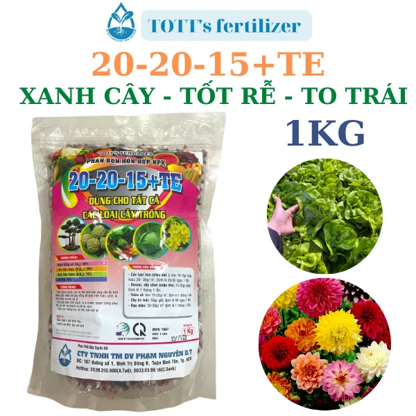 Phân NPK 20-20-15 - Gói 1kg TOTT's fertilizer, xanh cây kích hoa nở rộ, to trái